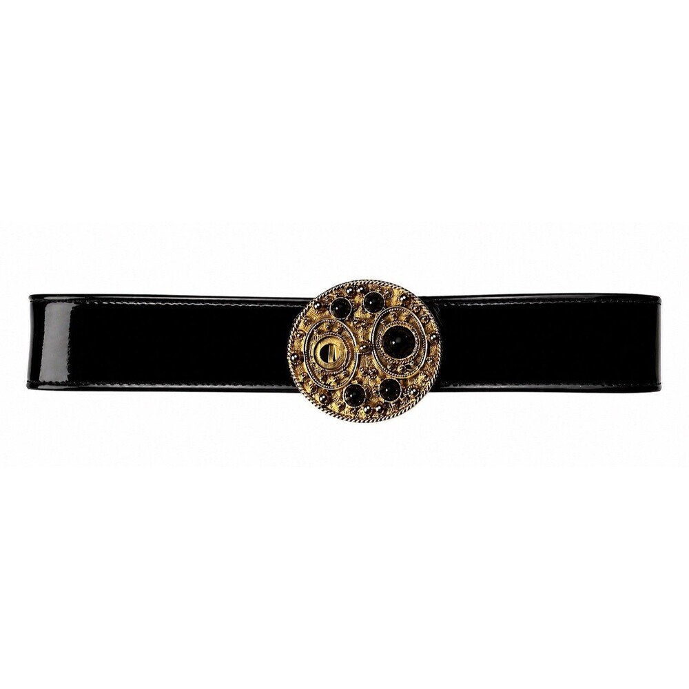 Vintage Saks Fifth Avenue Wide Patent Leather Belt Gold Medallion Baroque 80s - Picture 7 of 8